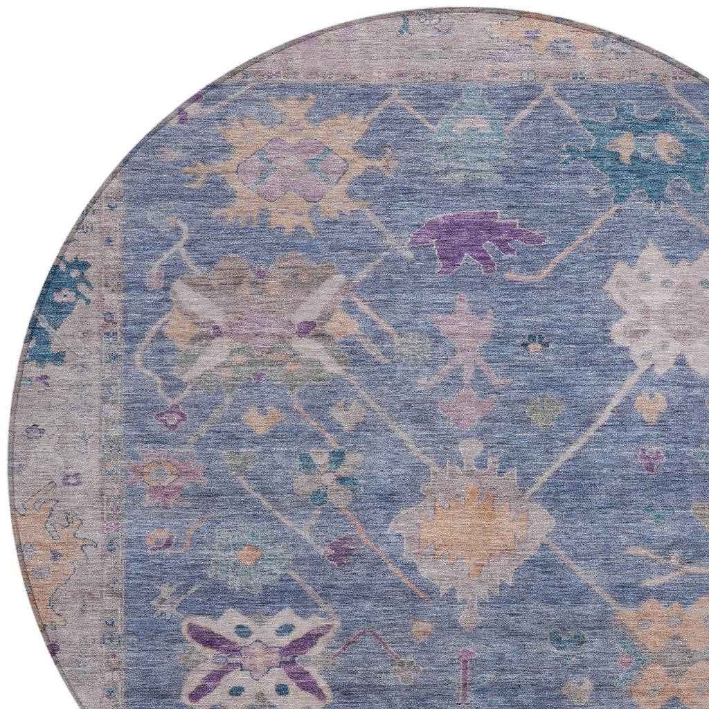 8' Blue And Purple Round Tribal Washable Indoor Outdoor Area Rug