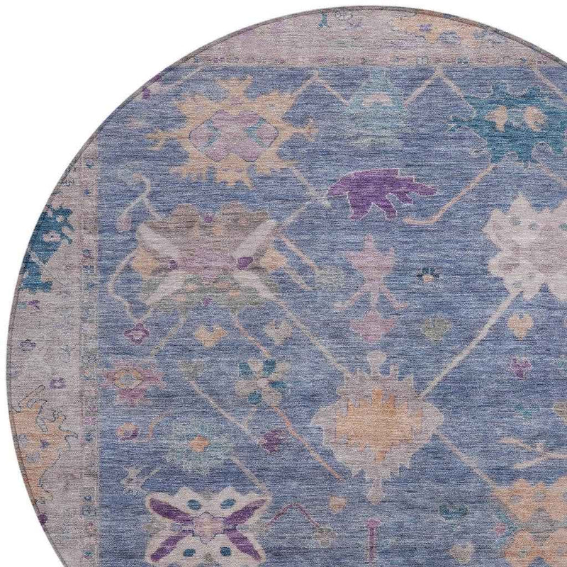 8' Blue And Purple Round Tribal Washable Indoor Outdoor Area Rug