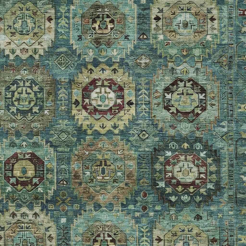 9' X 12' Teal Blue Brown And Taupe Medallion Washable Indoor Outdoor Area Rug