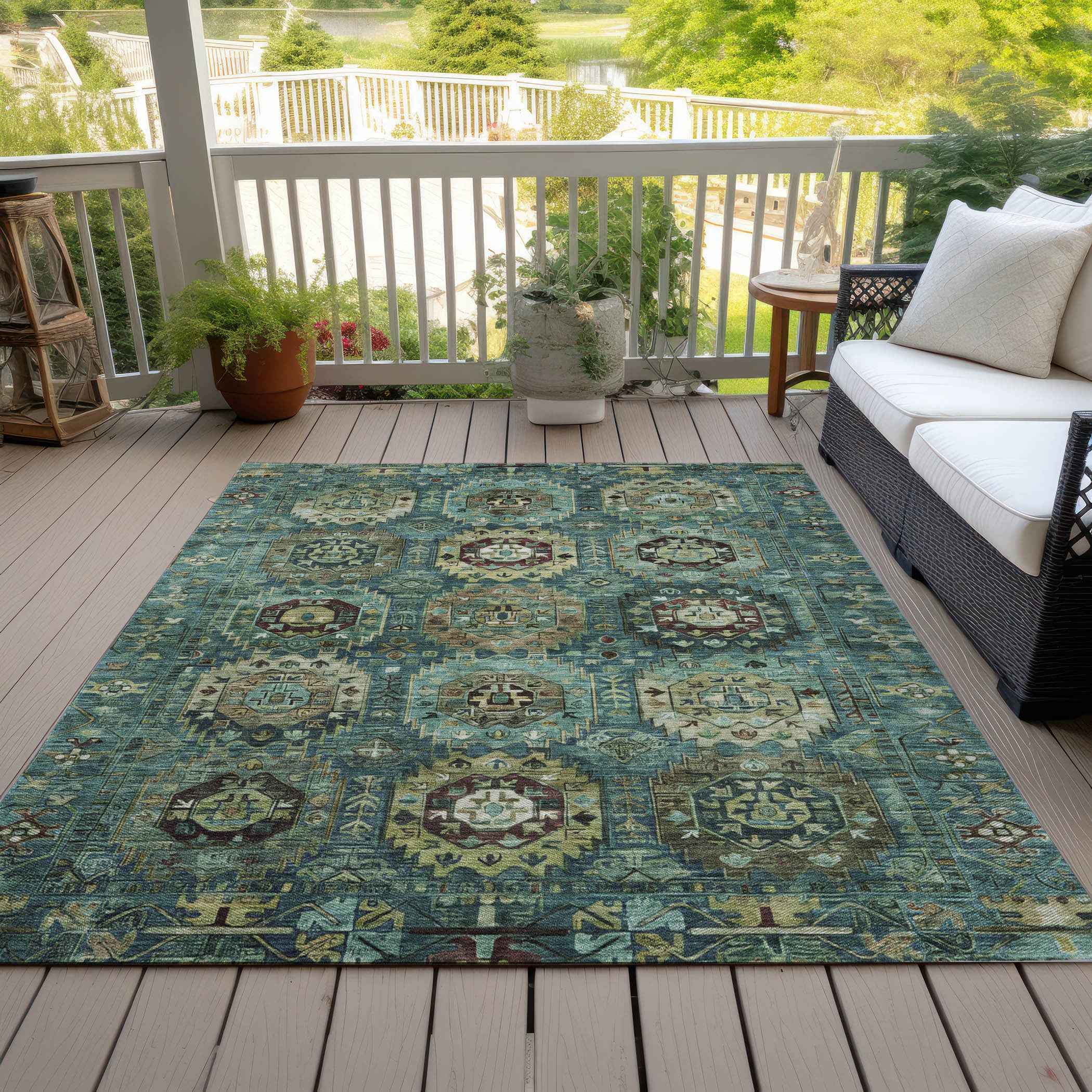 9' X 12' Teal Blue Brown And Taupe Medallion Washable Indoor Outdoor Area Rug