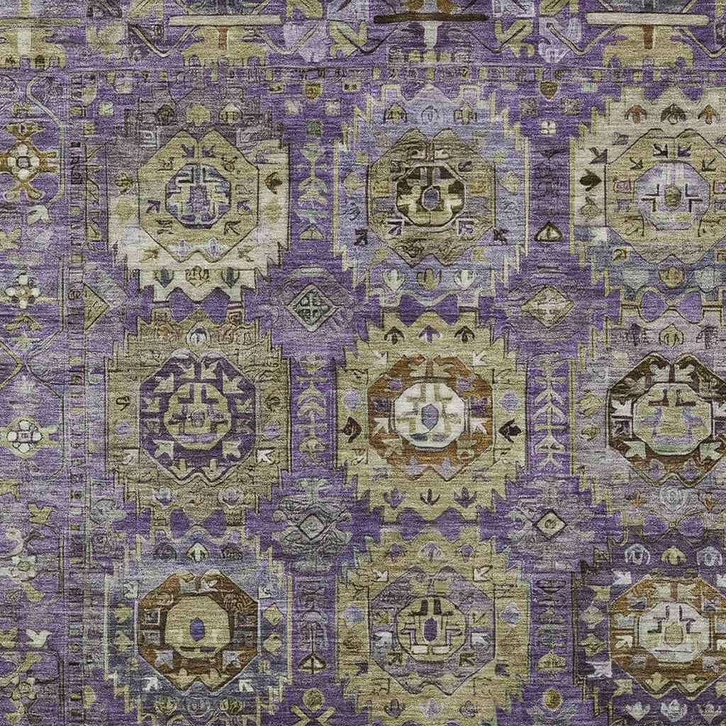 8' X 10' Eggplant Lavender And Olive Green Medallion Washable Indoor Outdoor Area Rug