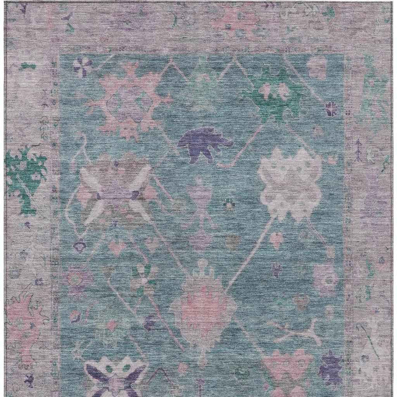 5' X 8' Green And Purple Tribal Washable Indoor Outdoor Area Rug