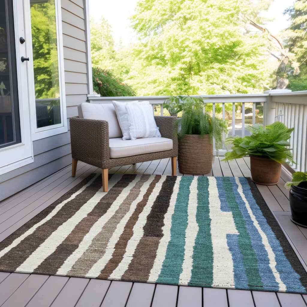 3' X 5' Brown Teal Blue And Ivory Striped Washable Indoor Outdoor Area Rug