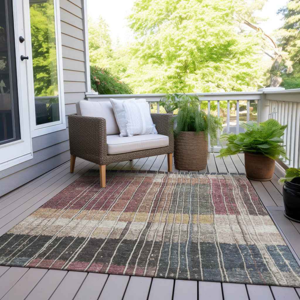 8' X 10' Mauve Blue And Gold Striped Washable Indoor Outdoor Area Rug