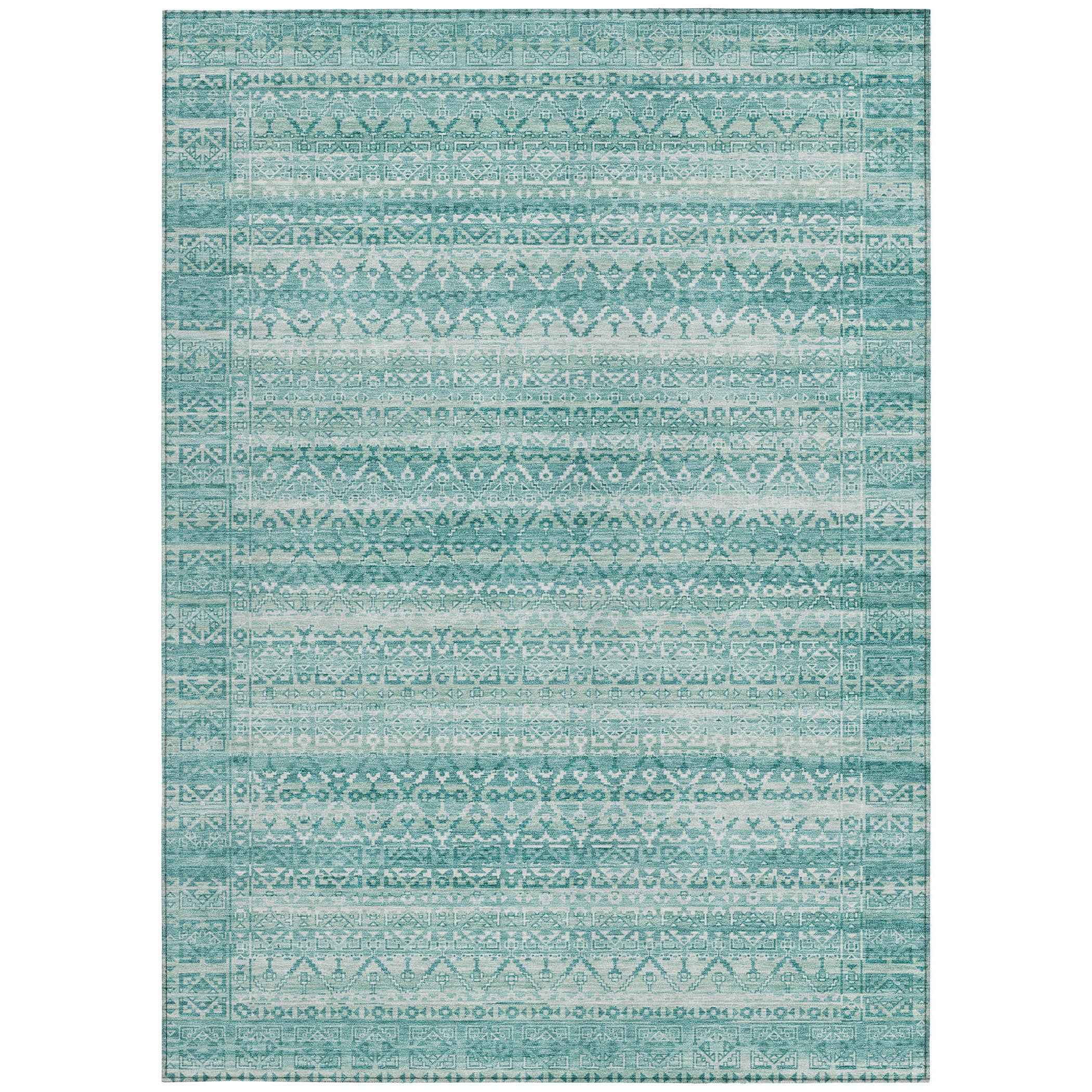 8' X 10' Aqua And Ivory Striped Washable Indoor Outdoor Area Rug