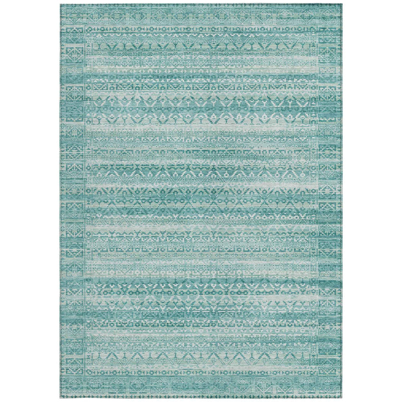 8' X 10' Aqua And Ivory Striped Washable Indoor Outdoor Area Rug