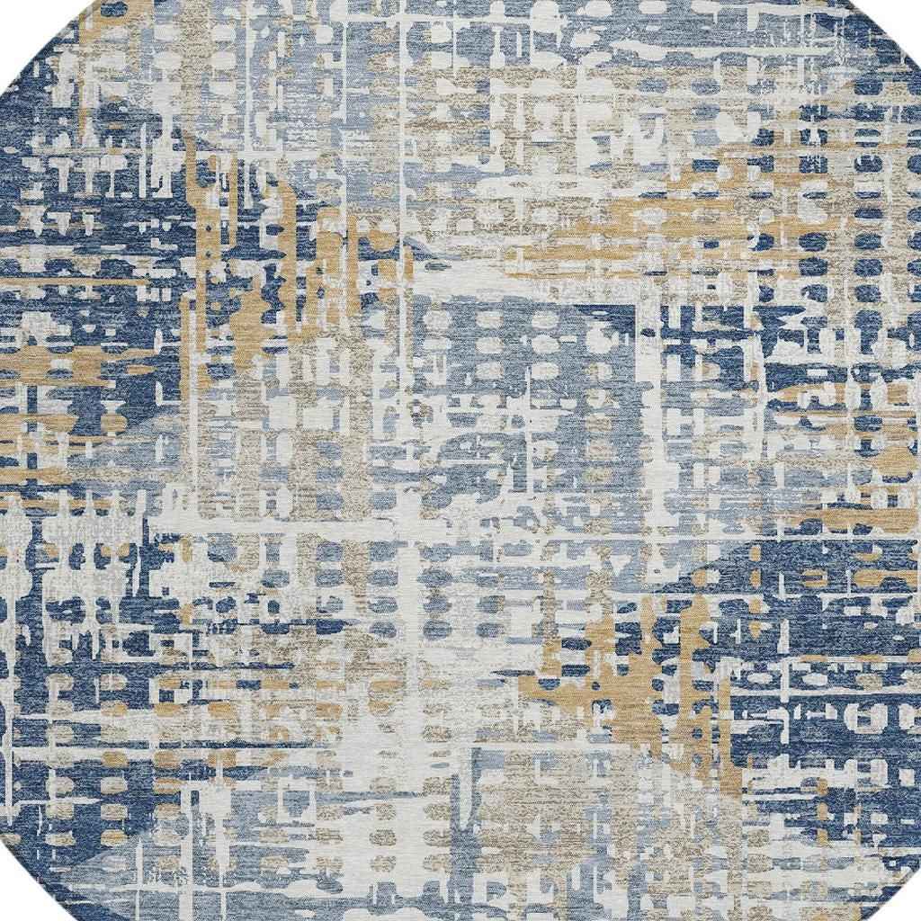 8' Navy Blue And Beige Round Geometric Washable Indoor Outdoor Area Rug