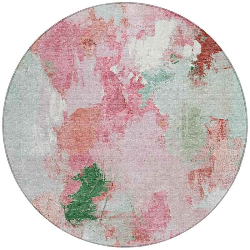 8' Blush And Green Round Abstract Washable Indoor Outdoor Area Rug