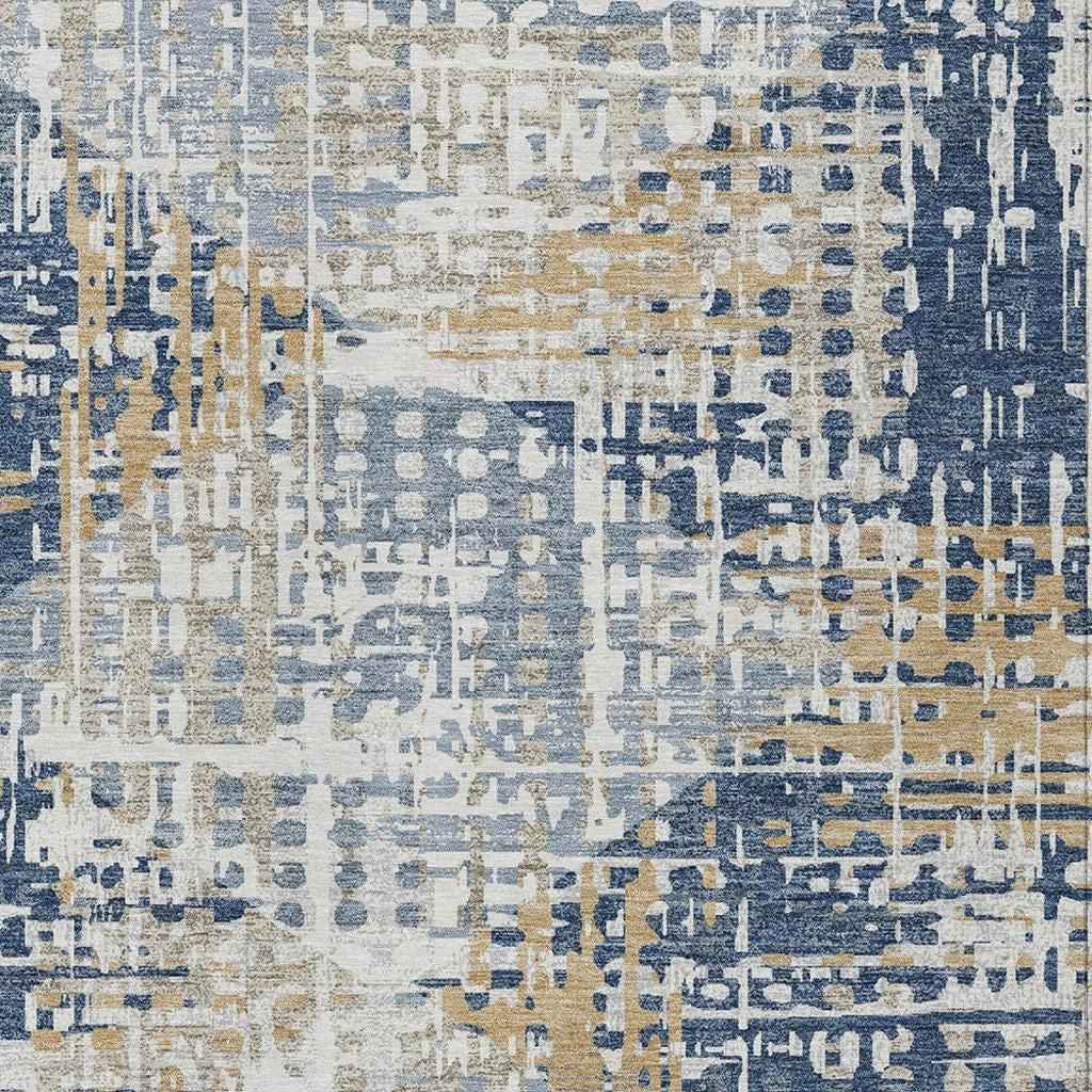 3' X 5' Navy Blue And Beige Geometric Washable Indoor Outdoor Area Rug