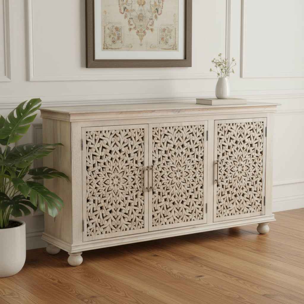 72" White Solid Wood Carved Floral Sideboard with Three Doors