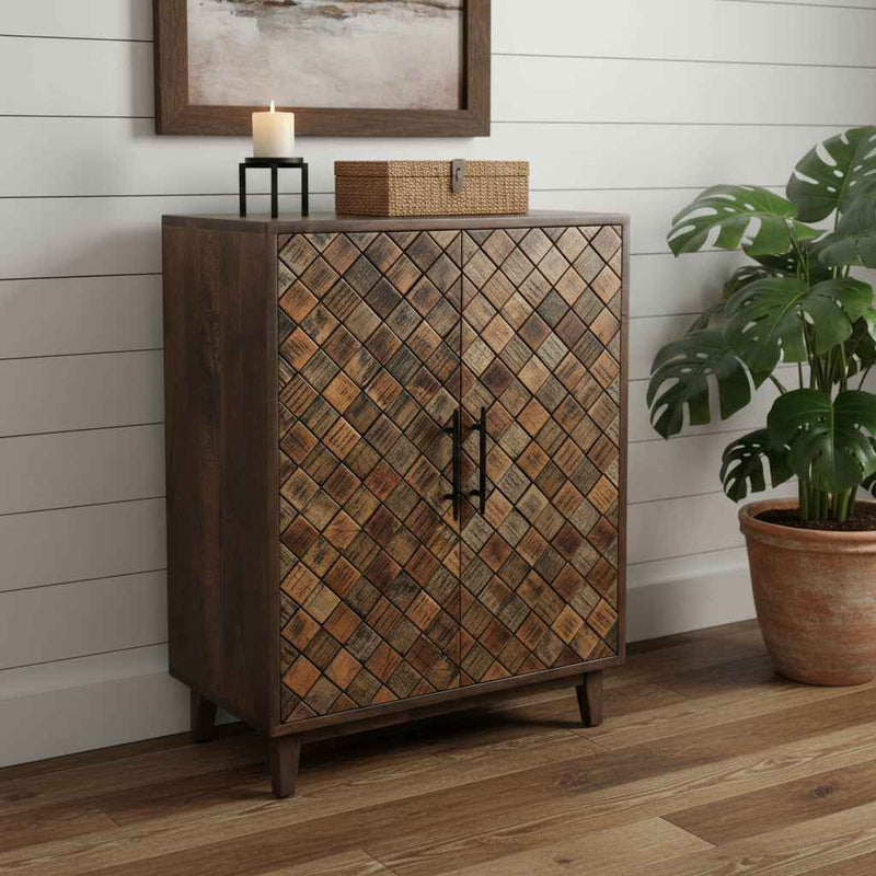 36" Brown Solid Wood Carved Geometric Sideboard with Two Doors