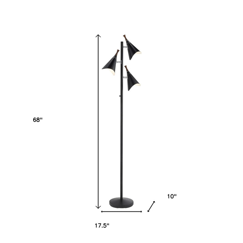 68" Black Three Light Tree Floor Lamp With Black Metal Cone Shade - Lighting