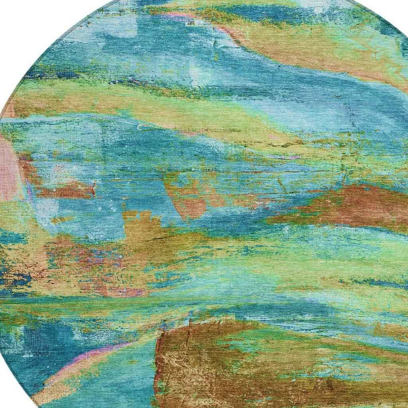 8' Teal Blue Lime Green And Blush Round Abstract Washable Indoor Outdoor Area Rug