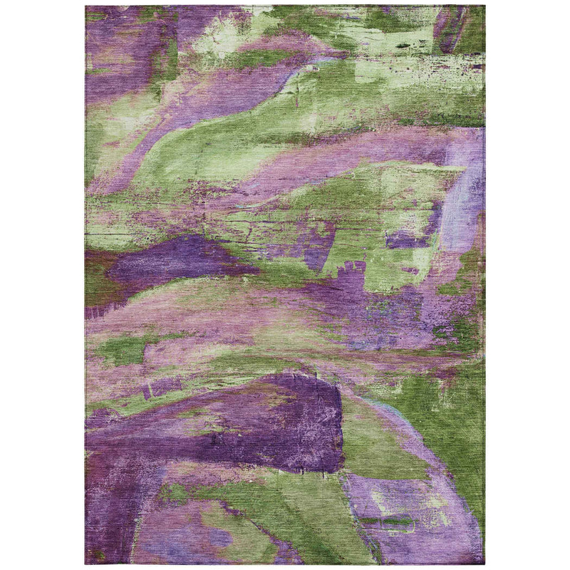5' X 8' Purple Plum And Green Abstract Washable Indoor Outdoor Area Rug