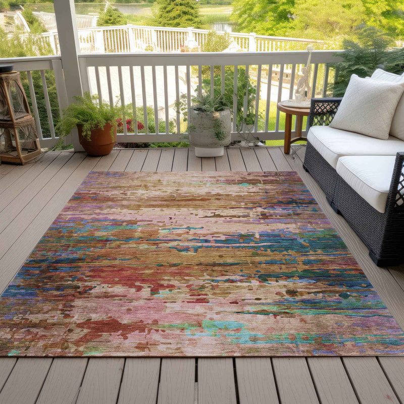 5' X 8' Sage Teal Blue And Blush Abstract Washable Indoor Outdoor Area Rug