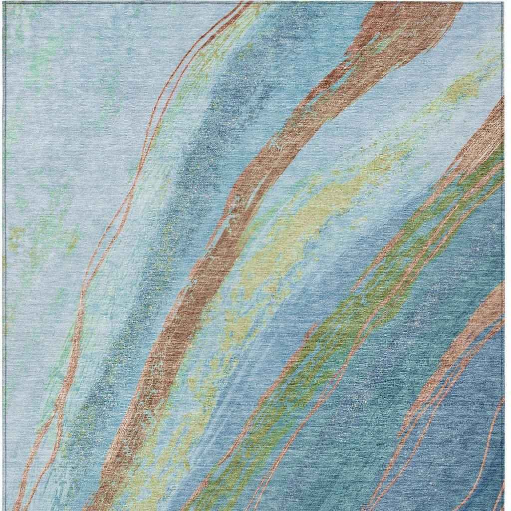 10' X 14' Blue Copper And Green Abstract Washable Indoor Outdoor Area Rug