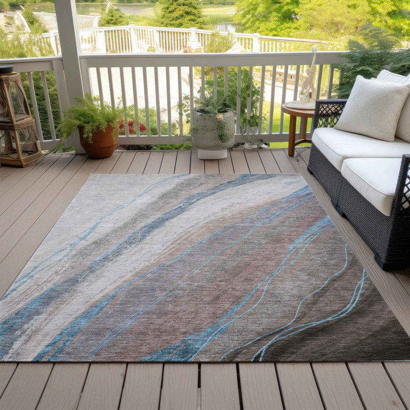 9' X 12' Brown And Teal Blue Abstract Washable Indoor Outdoor Area Rug