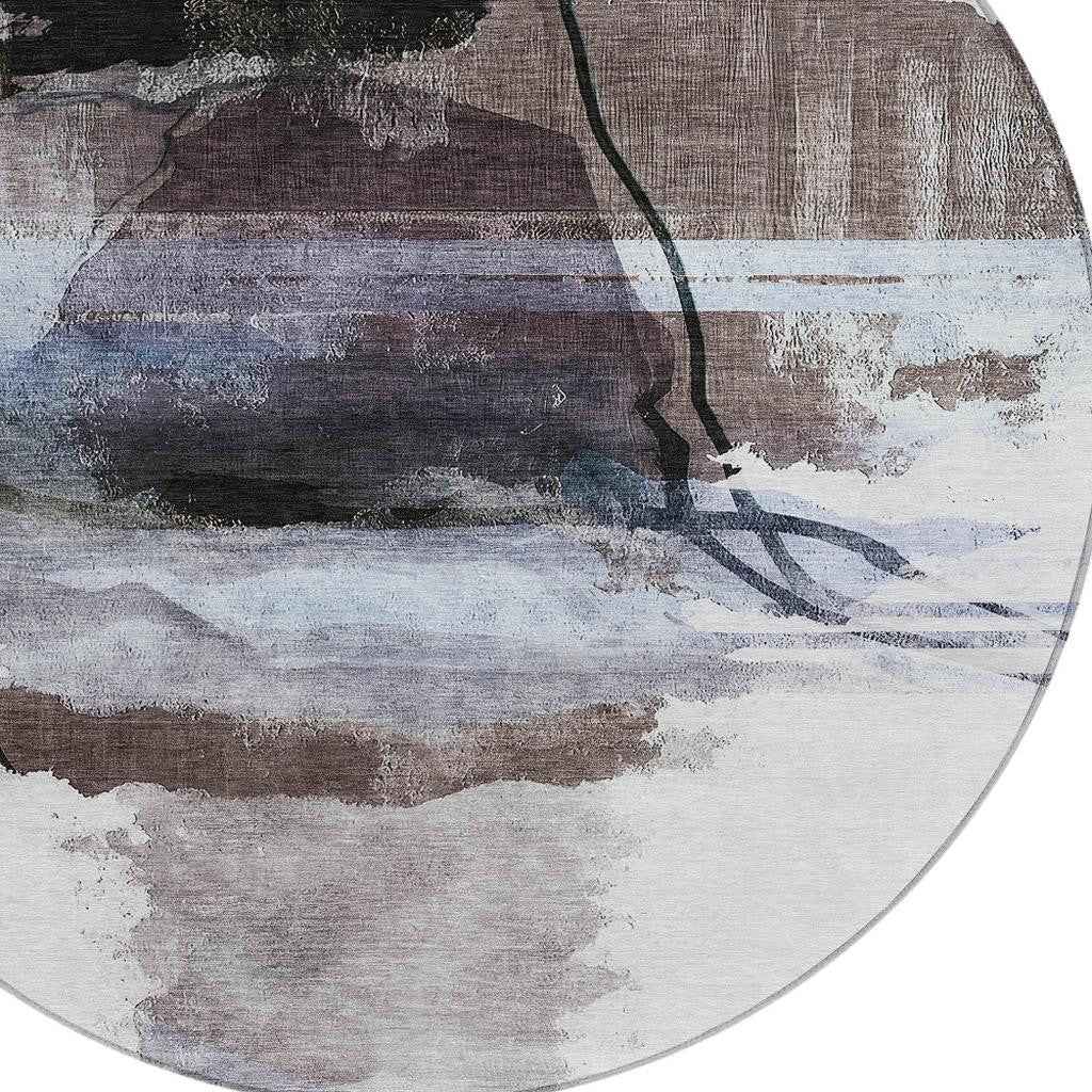 8' Brown And Ivory Round Abstract Washable Indoor Outdoor Area Rug