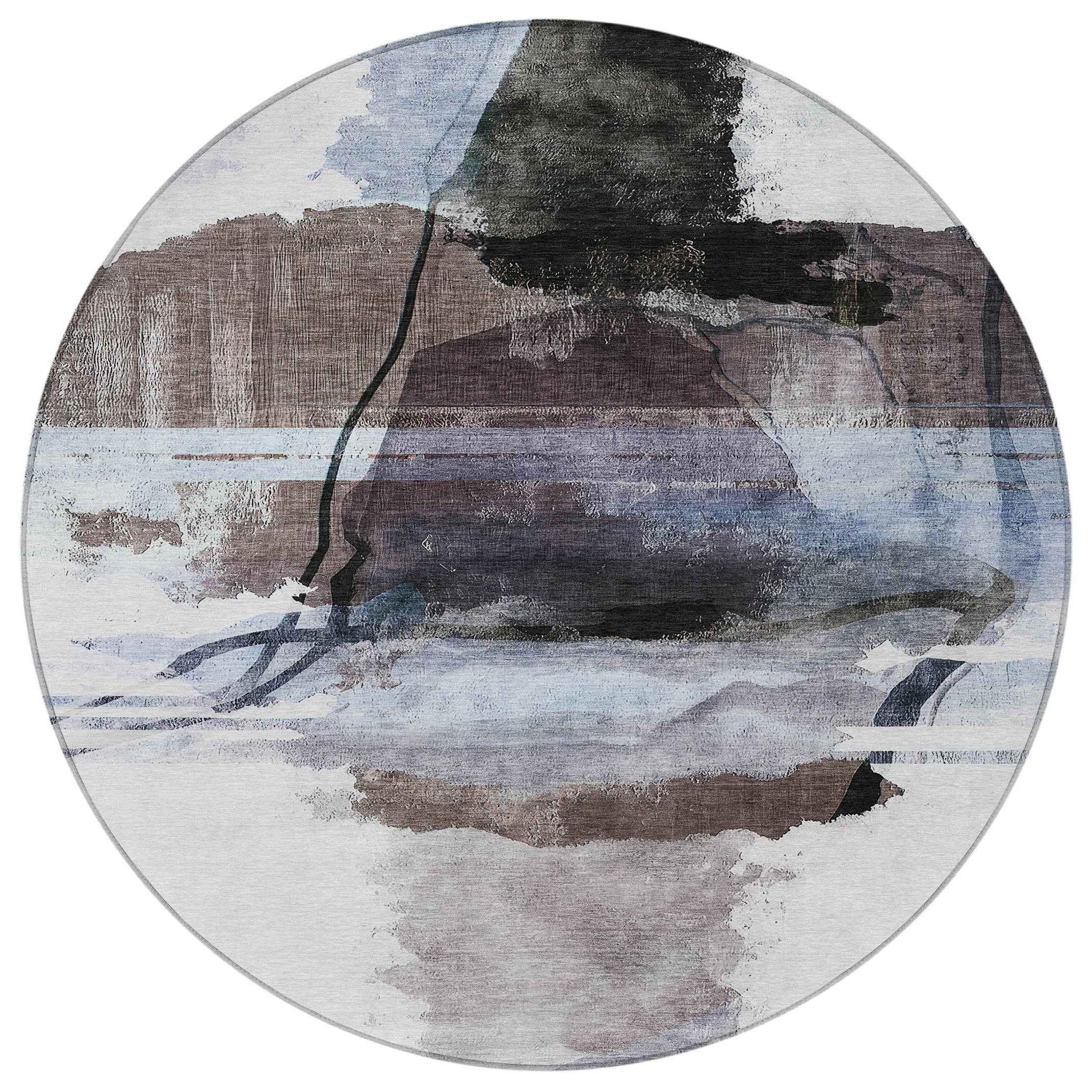 8' Brown And Ivory Round Abstract Washable Indoor Outdoor Area Rug