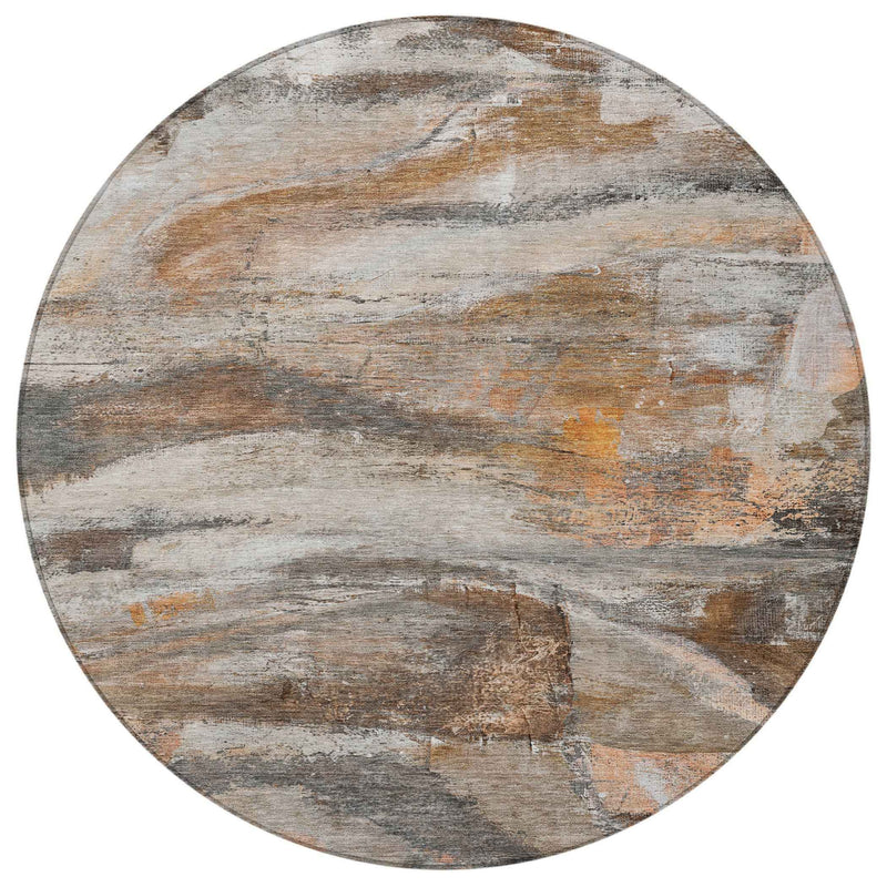 8' Brown Gray And Copper Round Abstract Washable Indoor Outdoor Area Rug