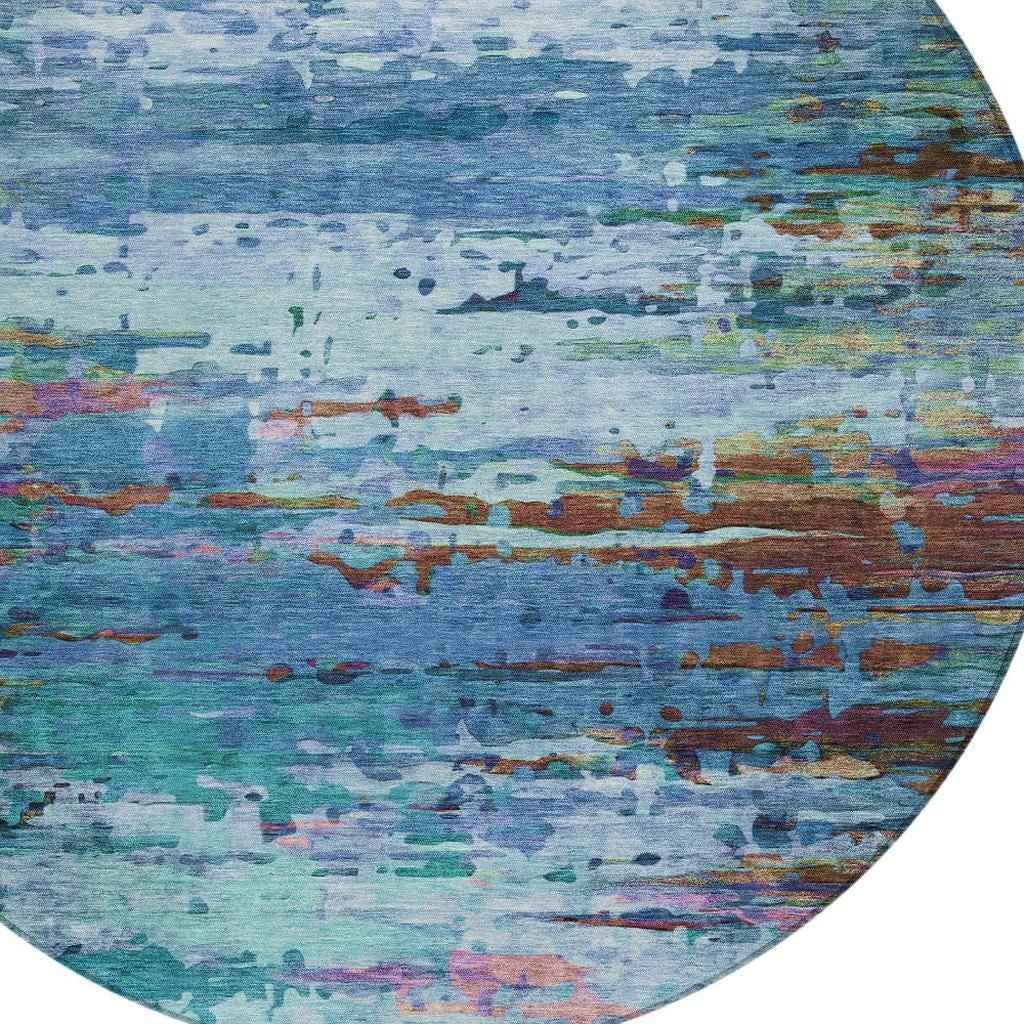 8' Blue Brown And Purple Round Abstract Washable Indoor Outdoor Area Rug