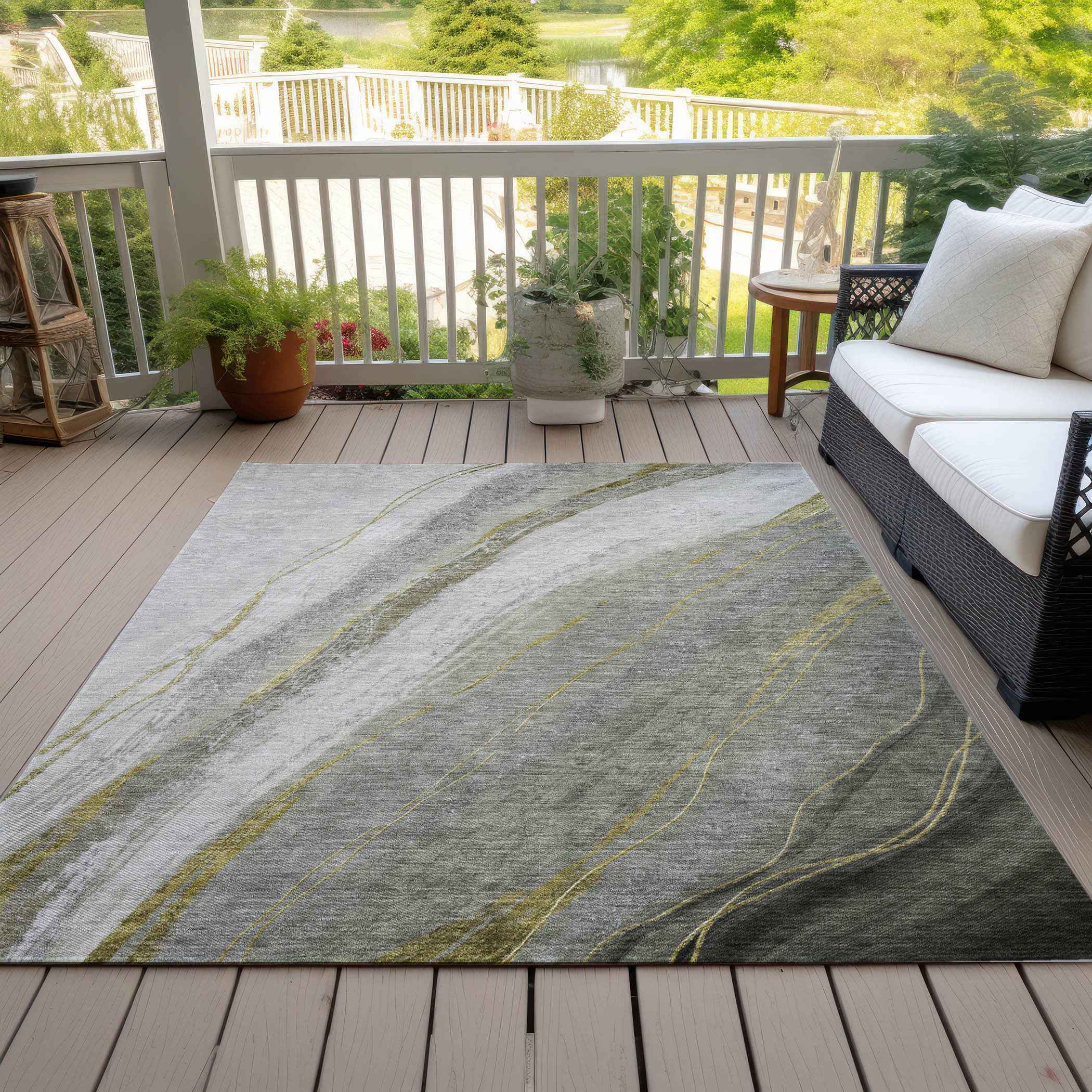 5' X 8' Artichoke Green And Gray Abstract Washable Indoor Outdoor Area Rug