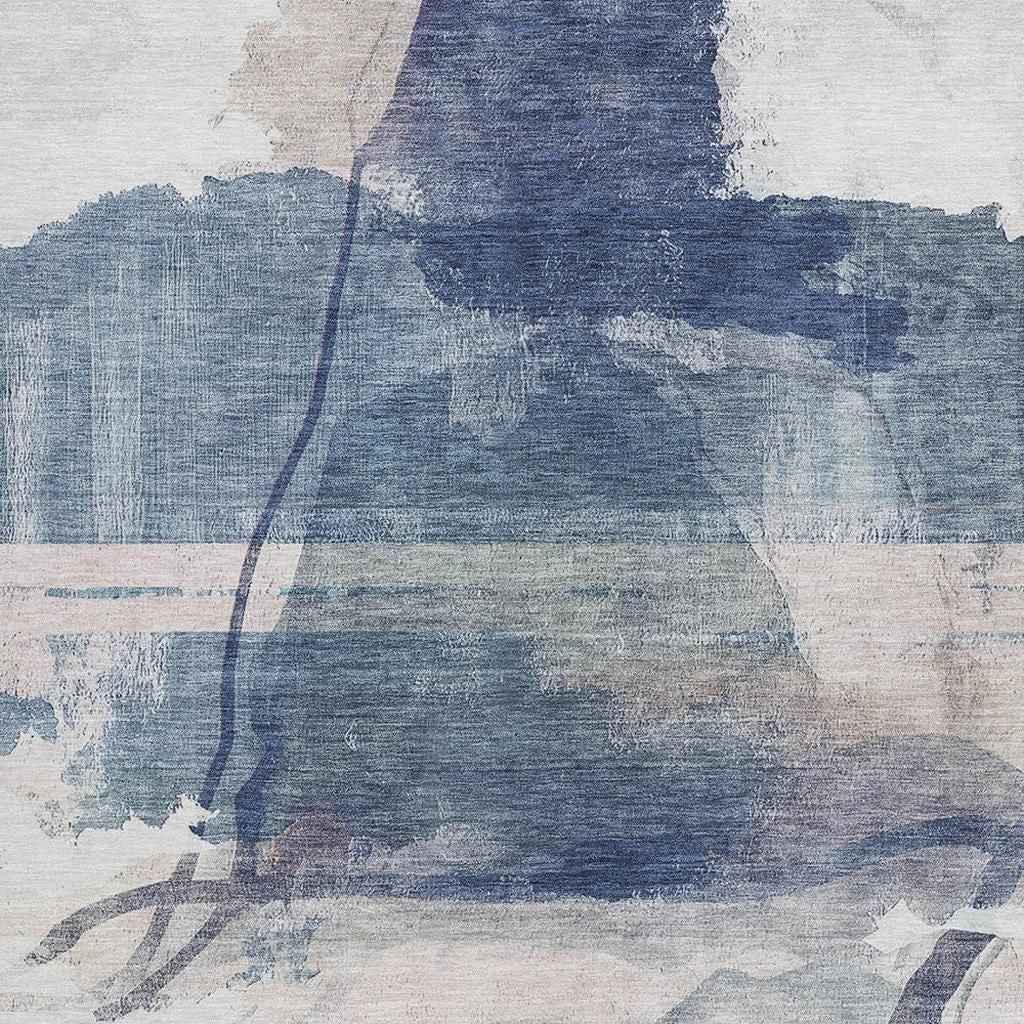 3' X 5' Blue And Ivory Abstract Washable Indoor Outdoor Area Rug