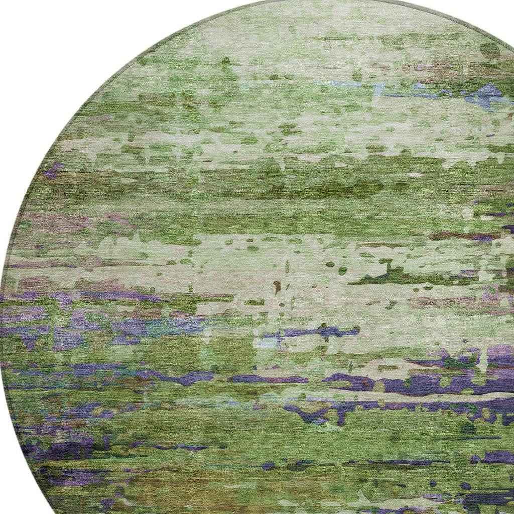 8' Green Lavender And Purple Round Abstract Washable Indoor Outdoor Area Rug