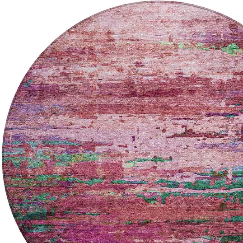 8' Pink Mauve And Green Round Abstract Washable Indoor Outdoor Area Rug