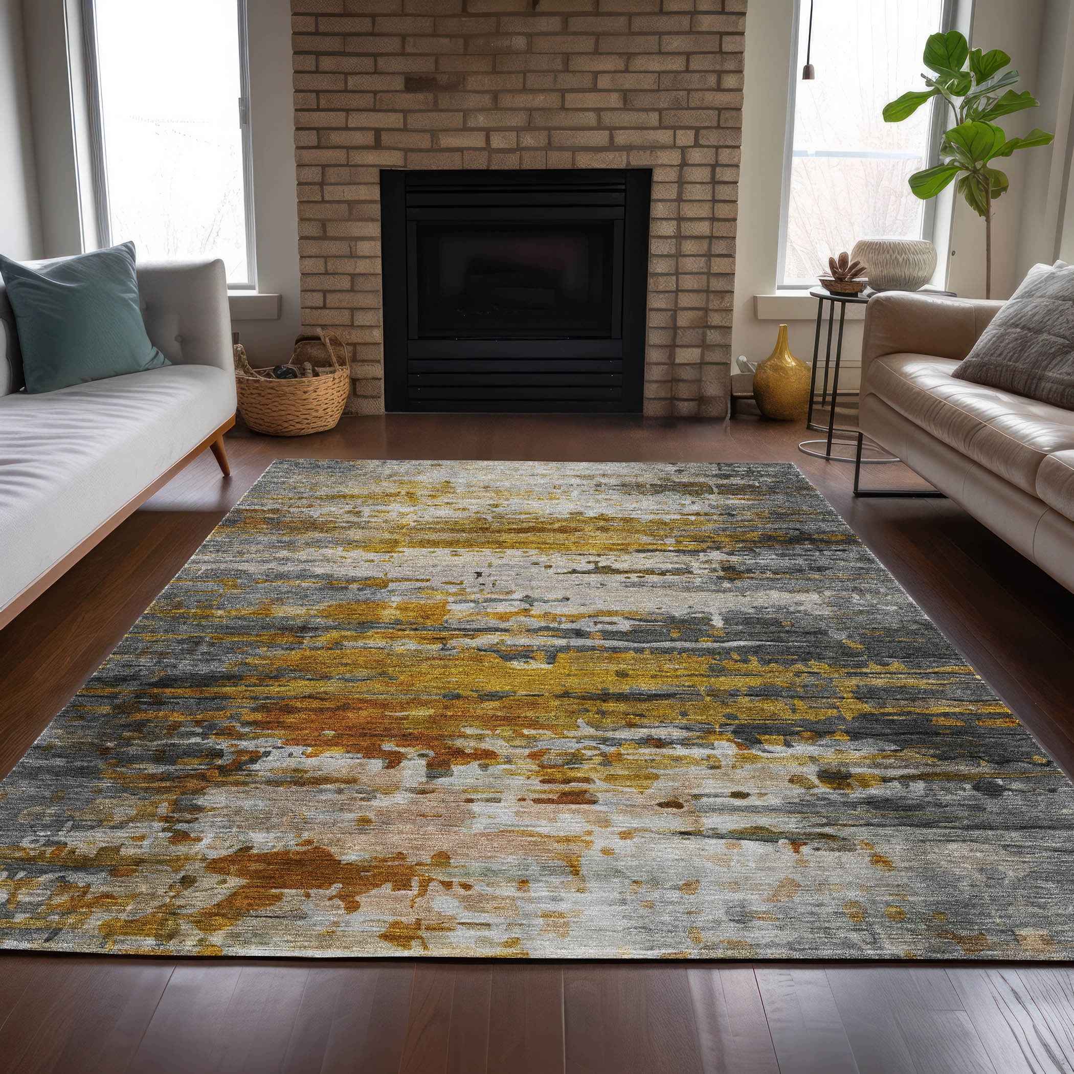 5' X 8' Copper And Gray Abstract Washable Indoor Outdoor Area Rug