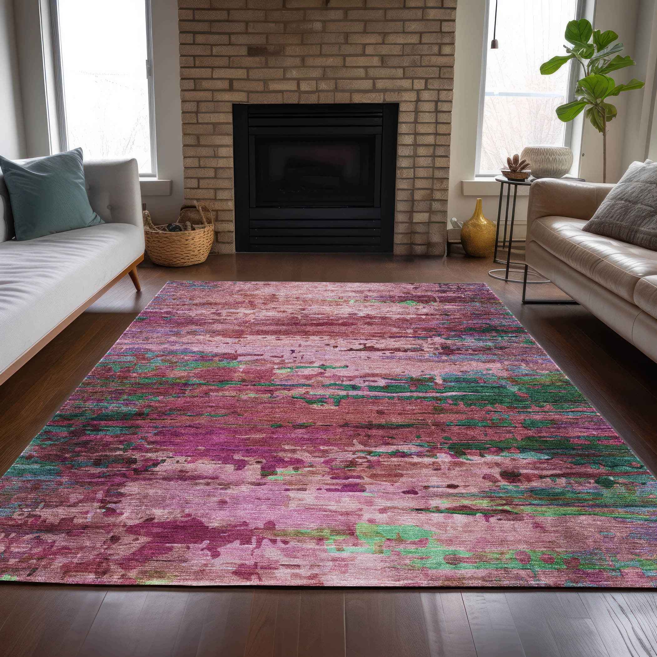 10' X 14' Pink Mauve And Green Abstract Washable Indoor Outdoor Area Rug