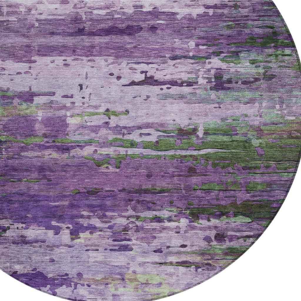 8' Purple Green And Charcoal Round Abstract Washable Indoor Outdoor Area Rug