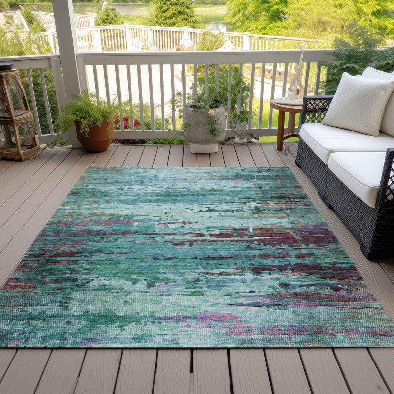 10' X 14' Teal Blue Pale Aqua And Plum Abstract Washable Indoor Outdoor Area Rug