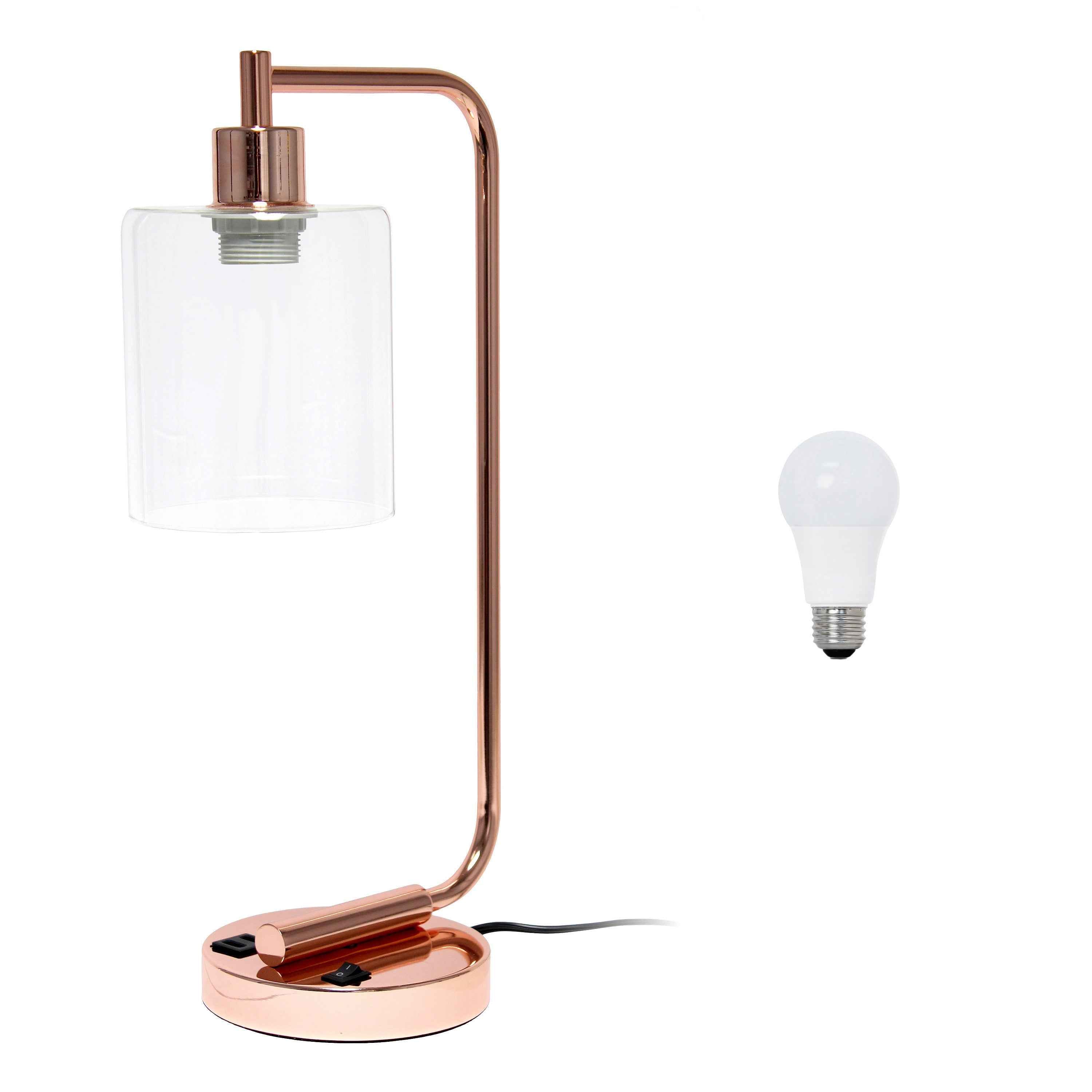 19" Rose Gold Iron Lantern USB Table Lamp LED With Clear Cylinder Shade