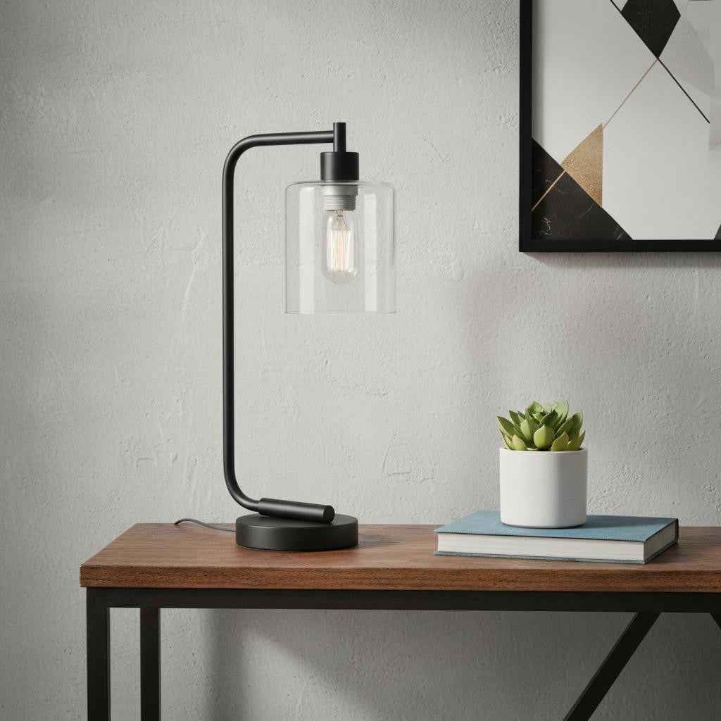 19" Black Metal Lantern Table Lamp With Clear Cylinder Shade