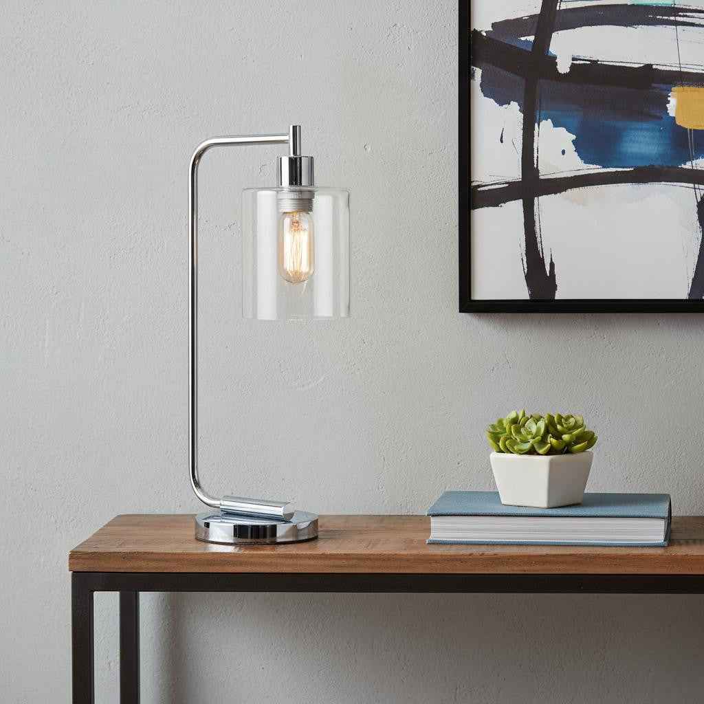 19" Silver Iron Lantern USB Table Lamp With Clear Cylinder Shade