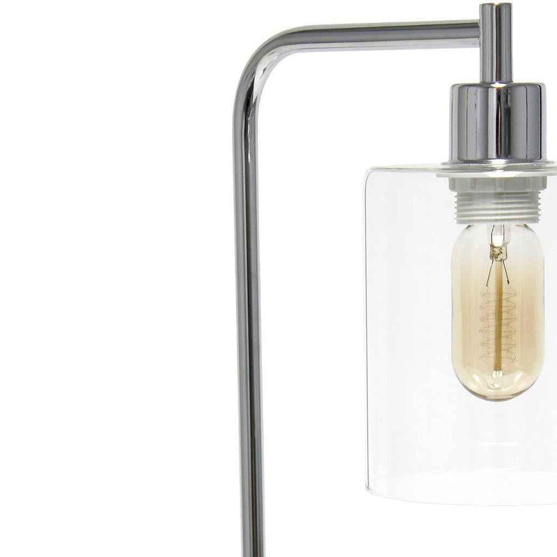 19" Silver Iron Lantern USB Table Lamp With Clear Cylinder Shade