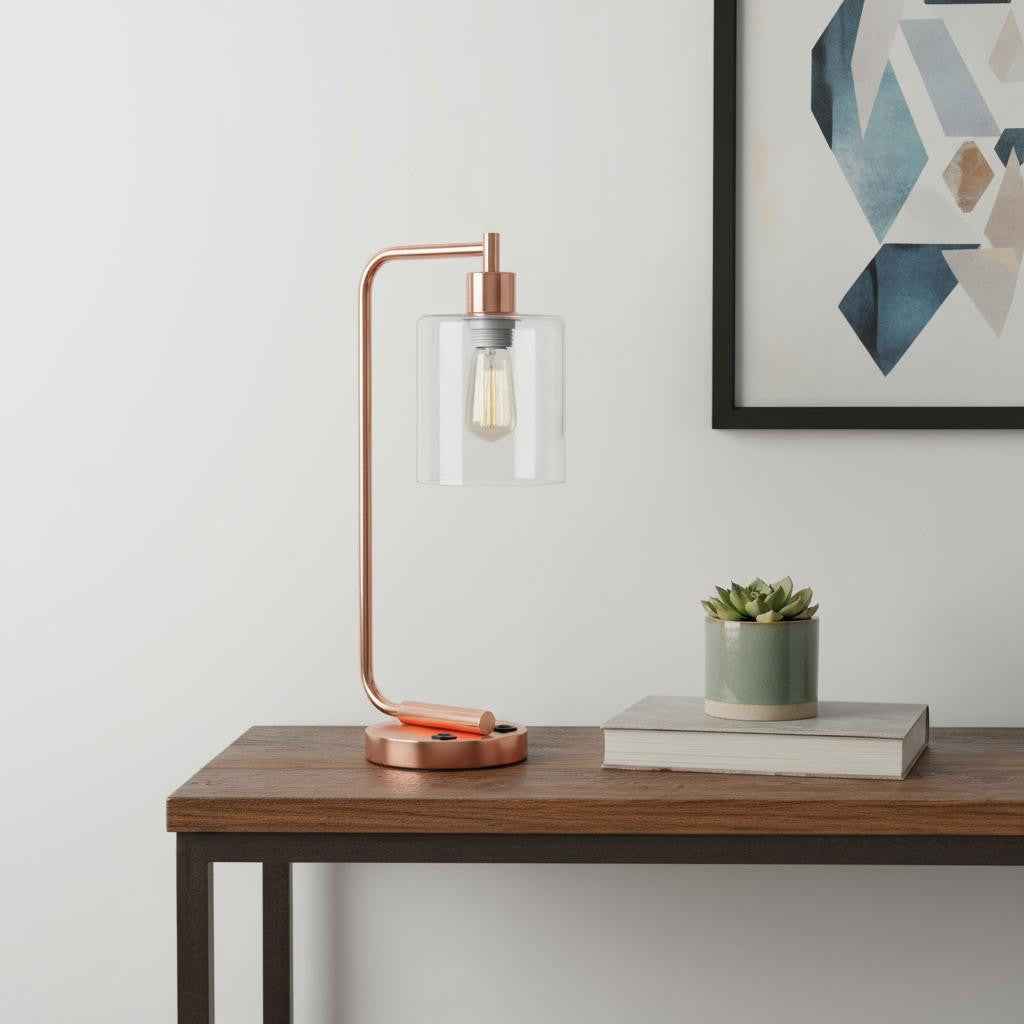 19" Rose Gold Iron Lantern USB Table Lamp With Clear Cylinder Shade