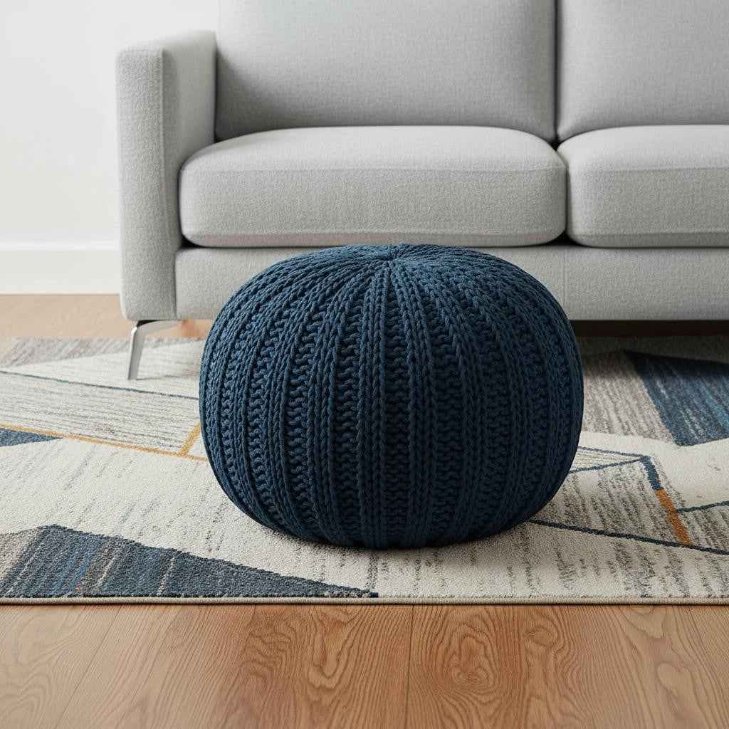 20" Blue Cotton Round Pouf Ottoman
