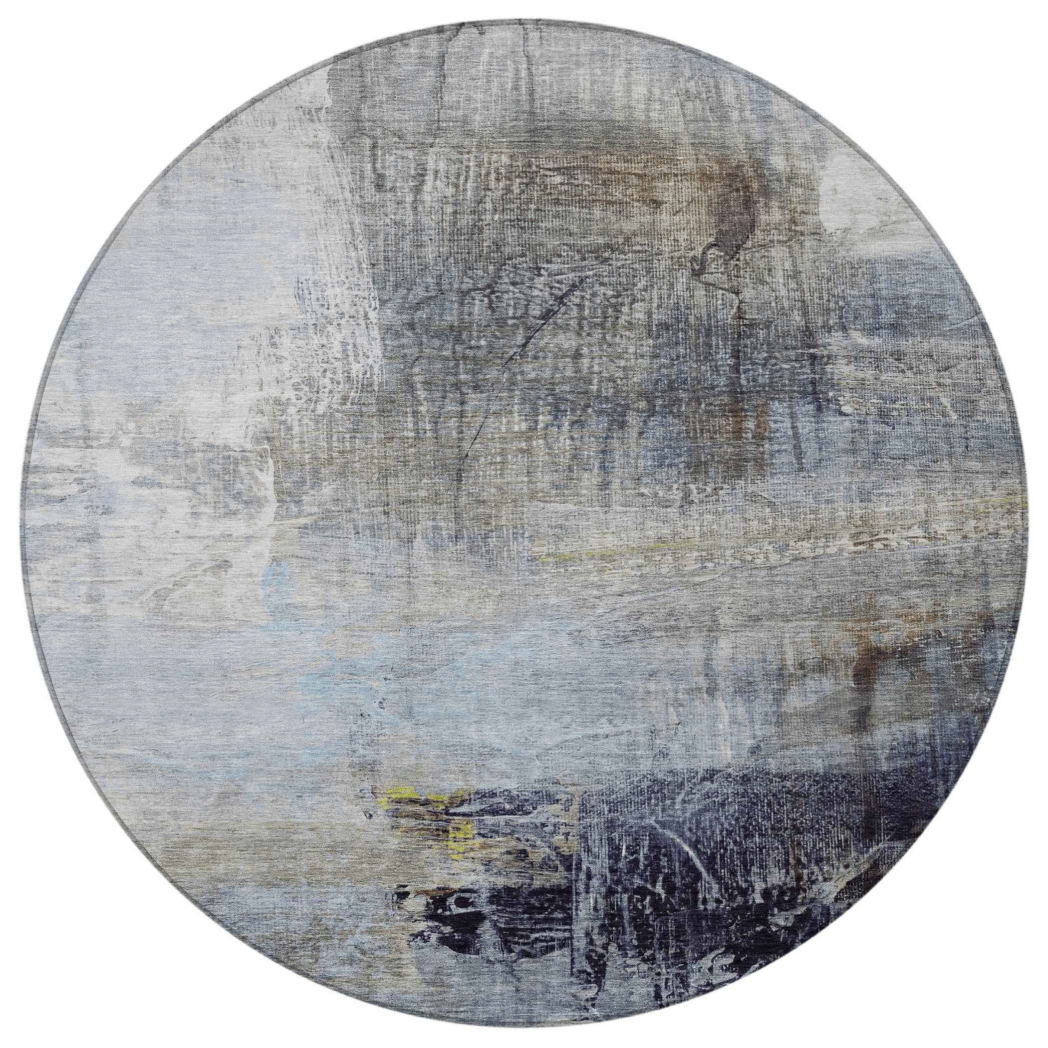 8' Sky Blue And Gray Round Abstract Washable Indoor Outdoor Area Rug