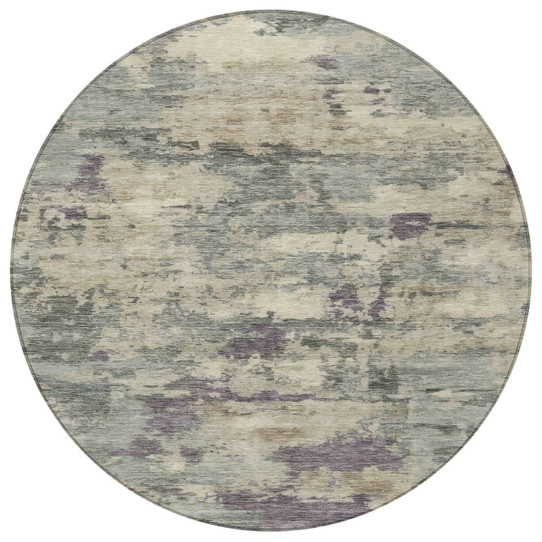 8' Sage Gray And Plum Round Abstract Washable Indoor Outdoor Area Rug