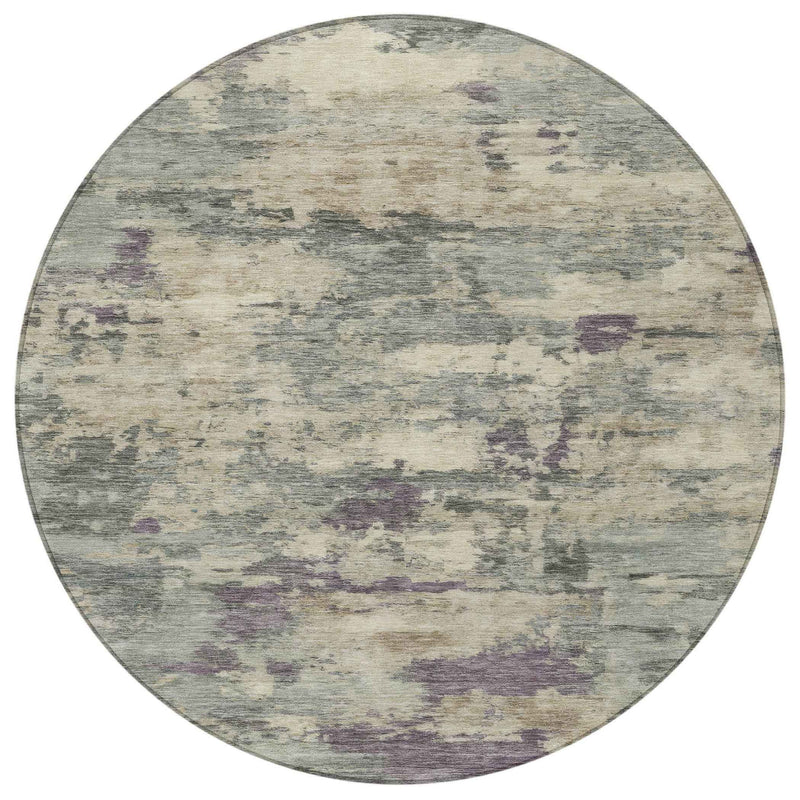 8' Sage Gray And Plum Round Abstract Washable Indoor Outdoor Area Rug