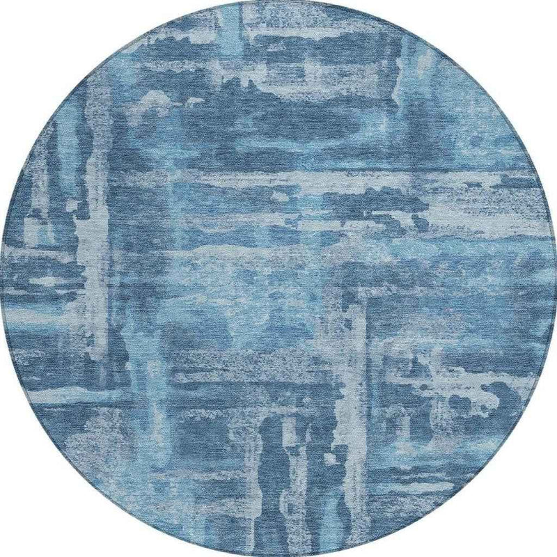 8' Denim Blue And Sky Blue Round Abstract Washable Indoor Outdoor Area Rug