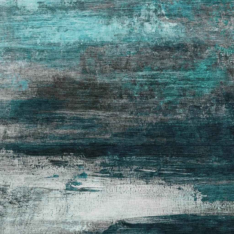 5' X 8' Teal Blue Aqua And Charcoal Abstract Washable Indoor Outdoor Area Rug