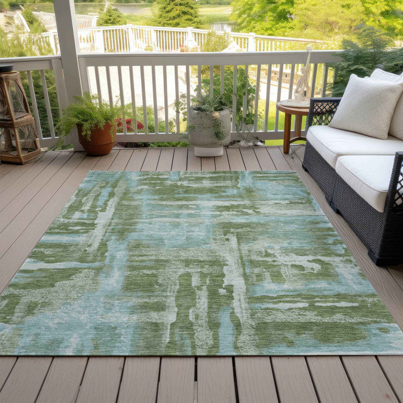 8' X 10' Fern Green And Sky Blue Abstract Washable Indoor Outdoor Area Rug