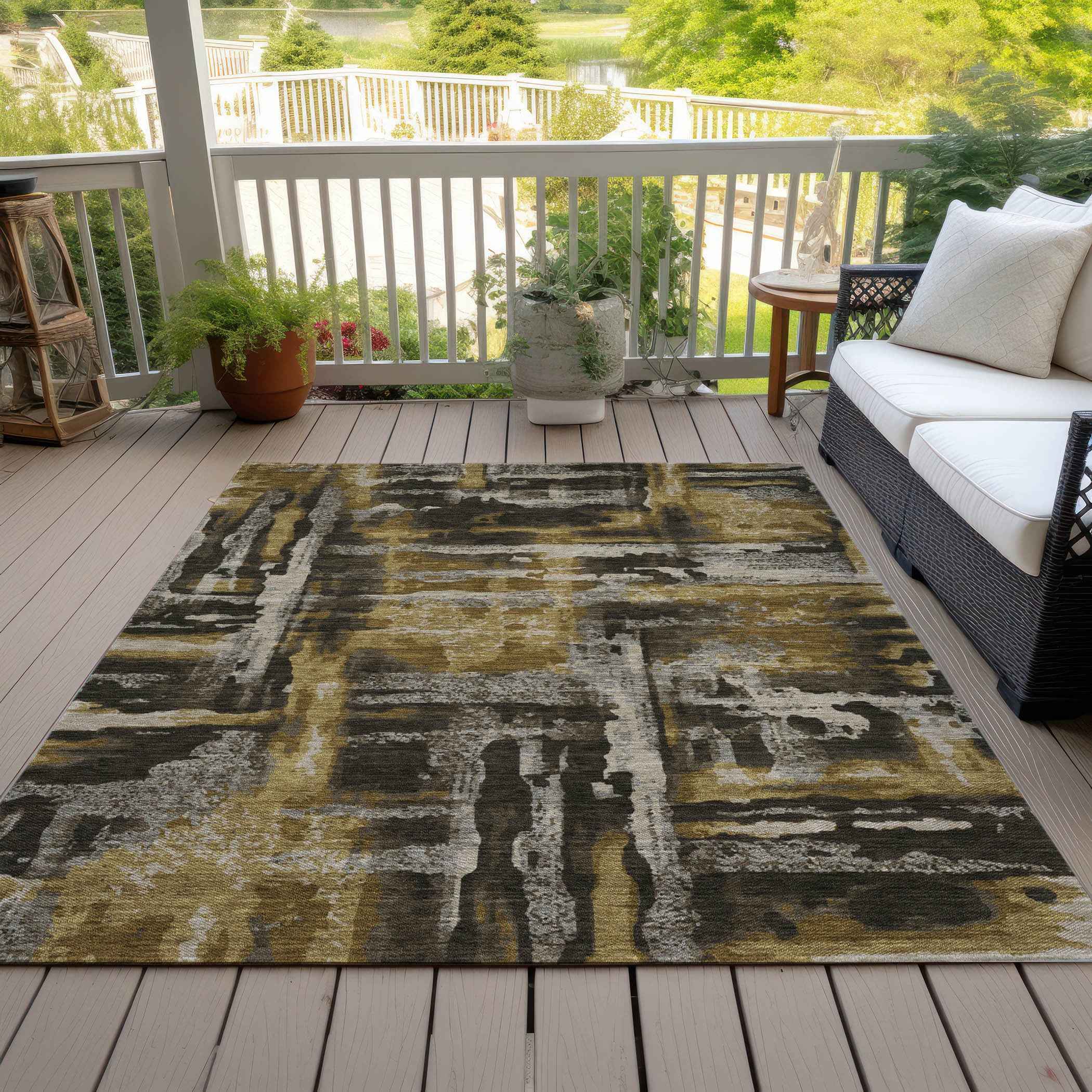 5' X 8' Coffee And Taupe Abstract Washable Indoor Outdoor Area Rug