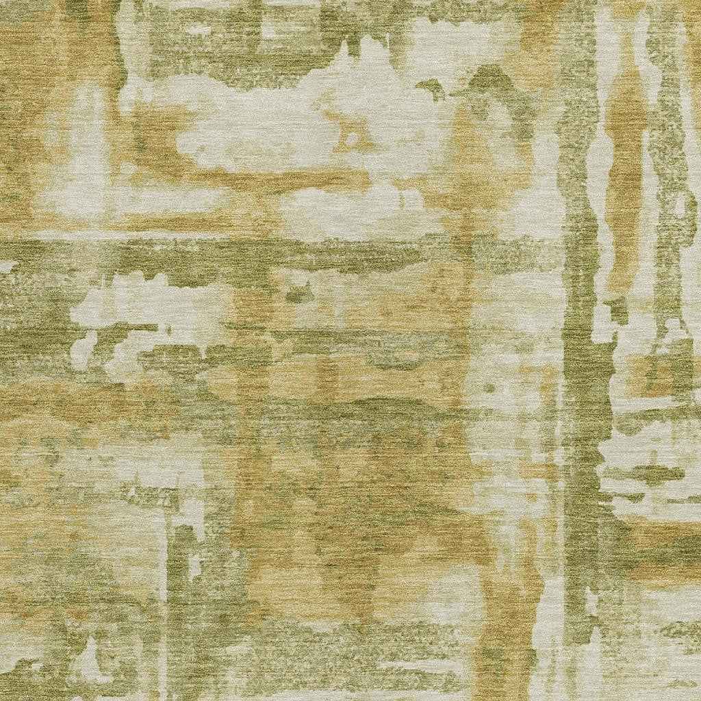 10' X 14' Artichoke Green And Gold Abstract Washable Indoor Outdoor Area Rug