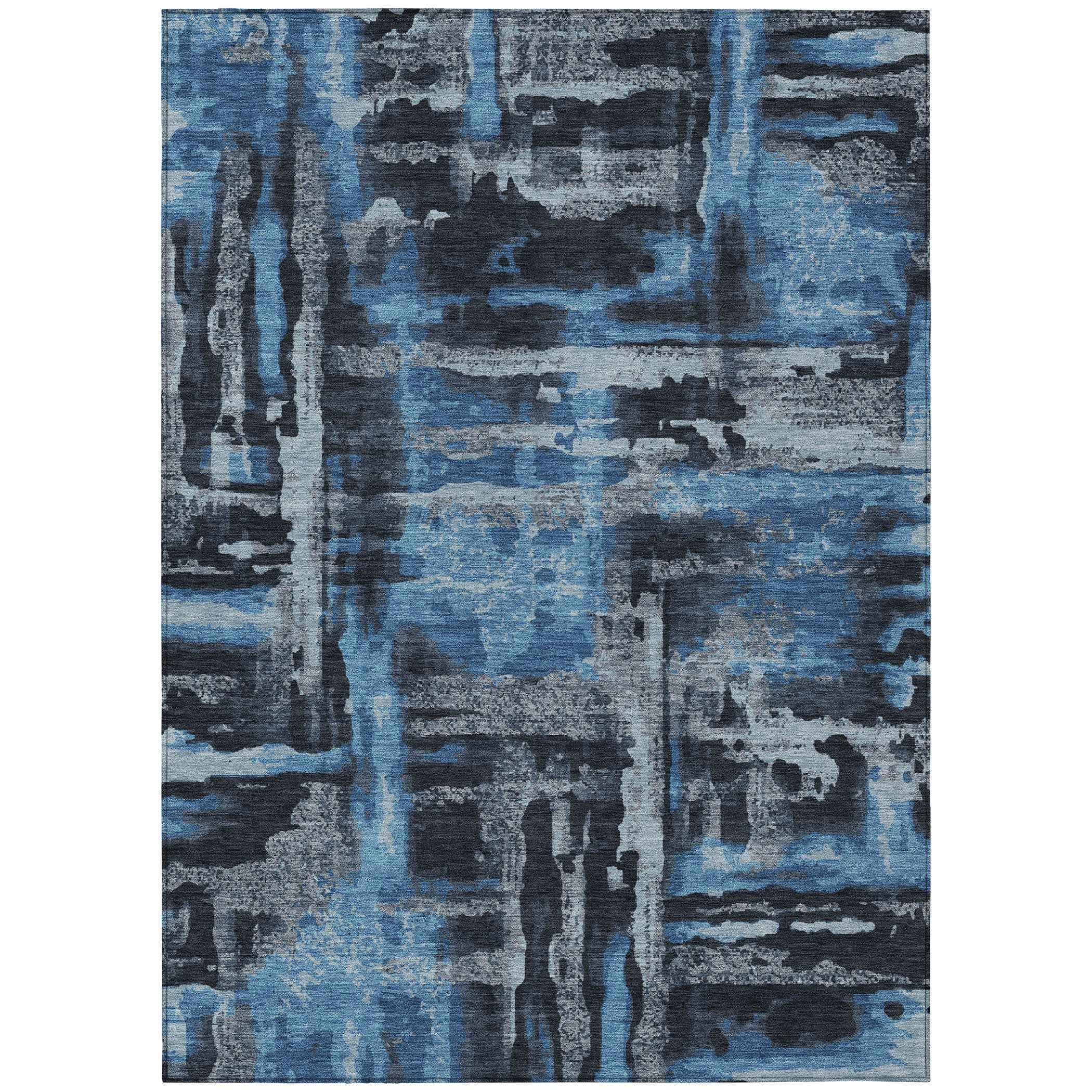 9' X 12' Black And Blue Abstract Washable Indoor Outdoor Area Rug