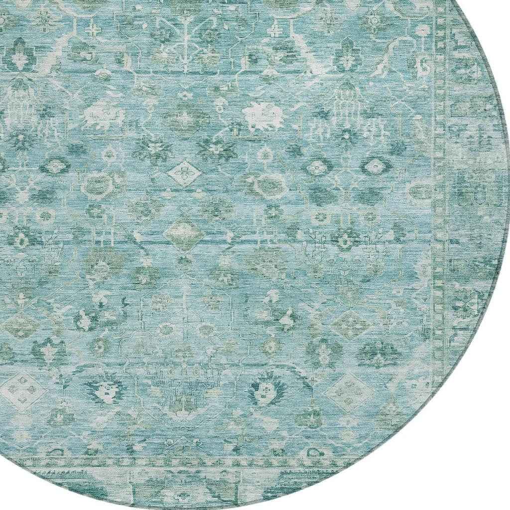 8' Blue Gray And Ivory Round Oriental Washable Indoor Outdoor Area Rug