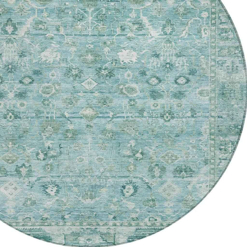 8' Blue Gray And Ivory Round Oriental Washable Indoor Outdoor Area Rug